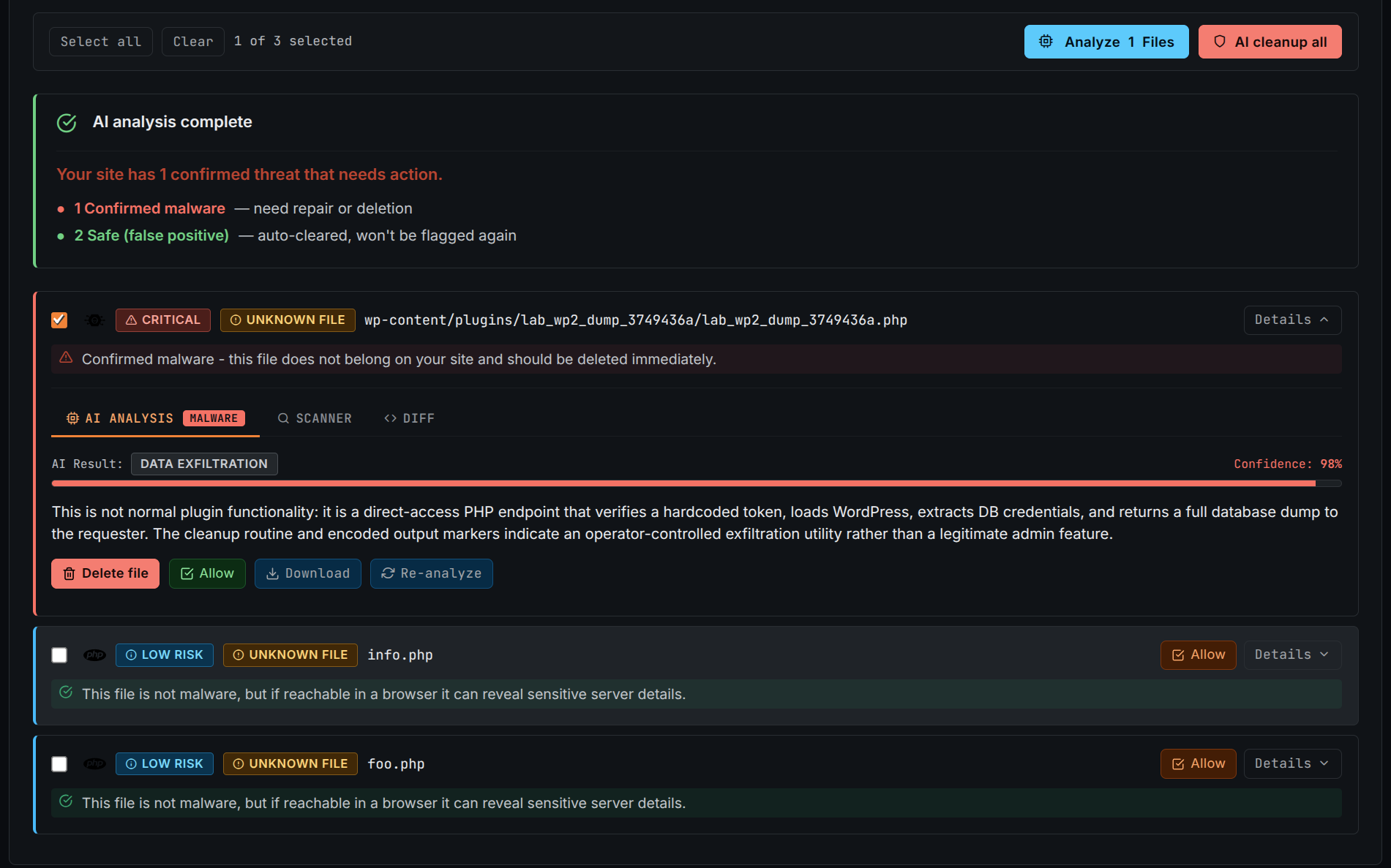 BitFire malware scanner with AI-assisted analysis of suspicious code
